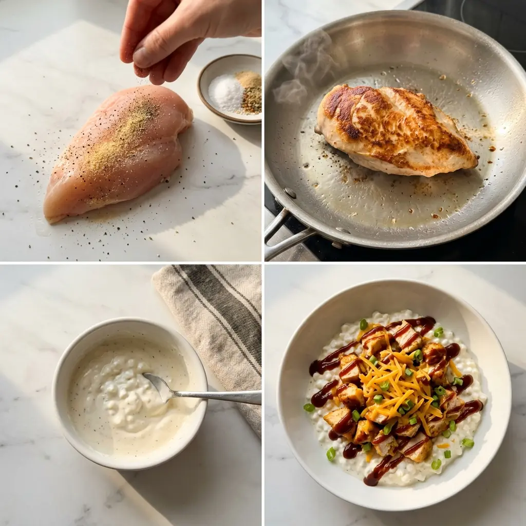 4-step cooking process collage for high protein BBQ chicken ranch bowl showing seasoning, searing, mixing, and plating