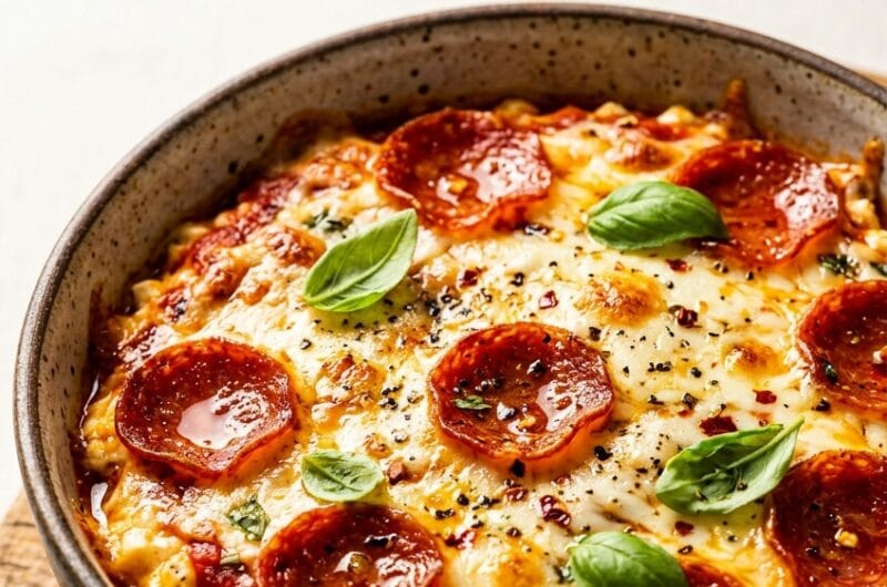 Pinterest pin for high protein cottage cheese pizza bowl recipe