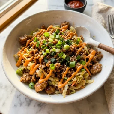 high protein egg roll in a bowl served in a white ceramic bowl topped with green onions and sriracha drizzle