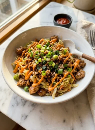high protein egg roll in a bowl served in a white ceramic bowl topped with green onions and sriracha drizzle