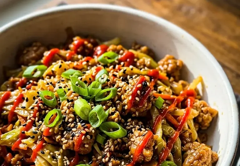 Pinterest pin image for high protein egg roll in a bowl with sriracha drizzle and green onion topping