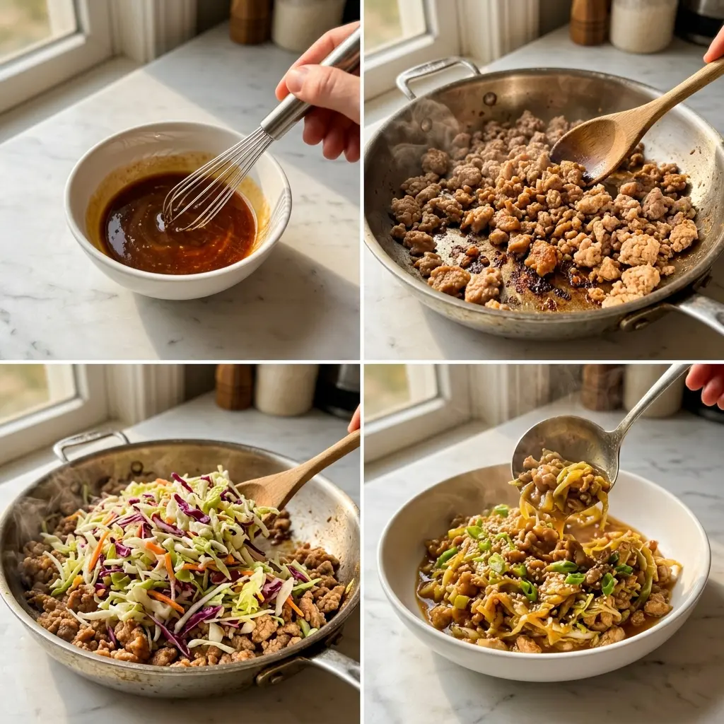 4-step cooking process collage for high protein egg roll in a bowl showing sauce, browning turkey, adding slaw, and plating