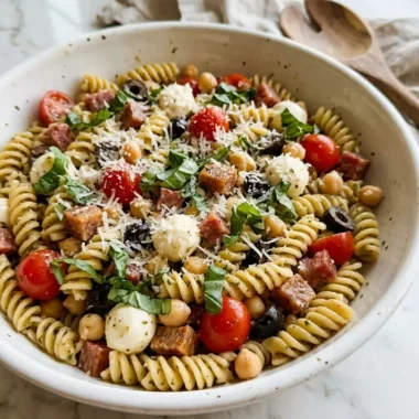 high-protein Italian pasta salad in a white ceramic bowl with fresh basil and Parmesan