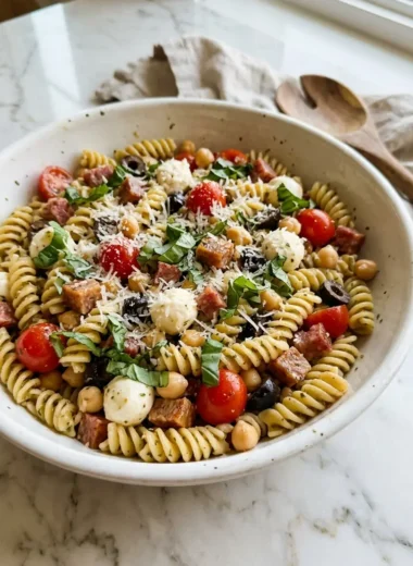 high-protein Italian pasta salad in a white ceramic bowl with fresh basil and Parmesan