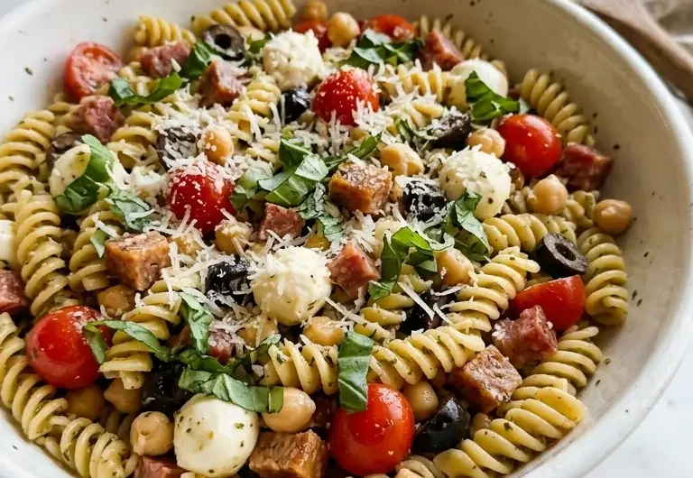 high-protein Italian pasta salad in a white ceramic bowl with fresh basil and Parmesan