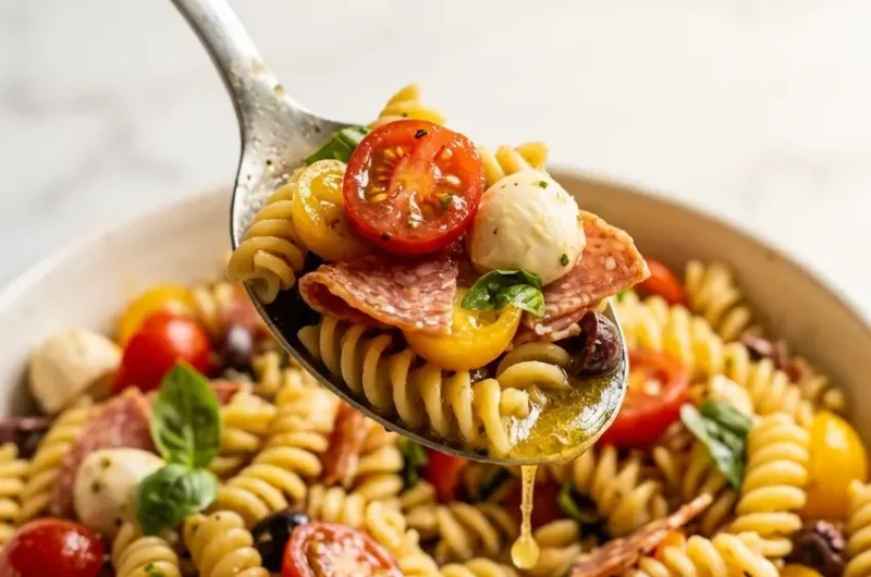 Pinterest pin image for high-protein Italian pasta salad with chickpeas and fresh mozzarella