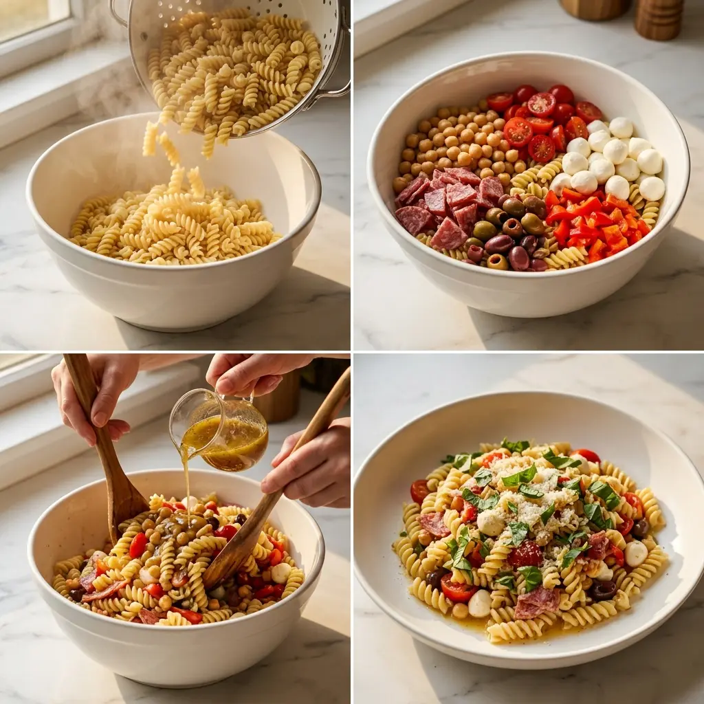 4-step cooking process collage for high-protein Italian pasta salad showing draining, combining, dressing, and plating