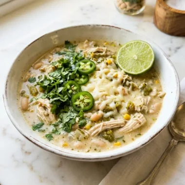 high protein low carb white chicken chili in a white ceramic bowl with cilantro and jalapeno