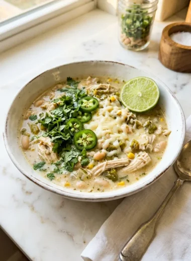 high protein low carb white chicken chili in a white ceramic bowl with cilantro and jalapeno