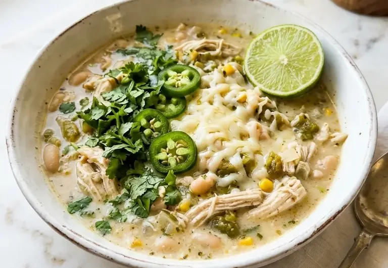 high protein low carb white chicken chili in a white ceramic bowl with cilantro and jalapeno