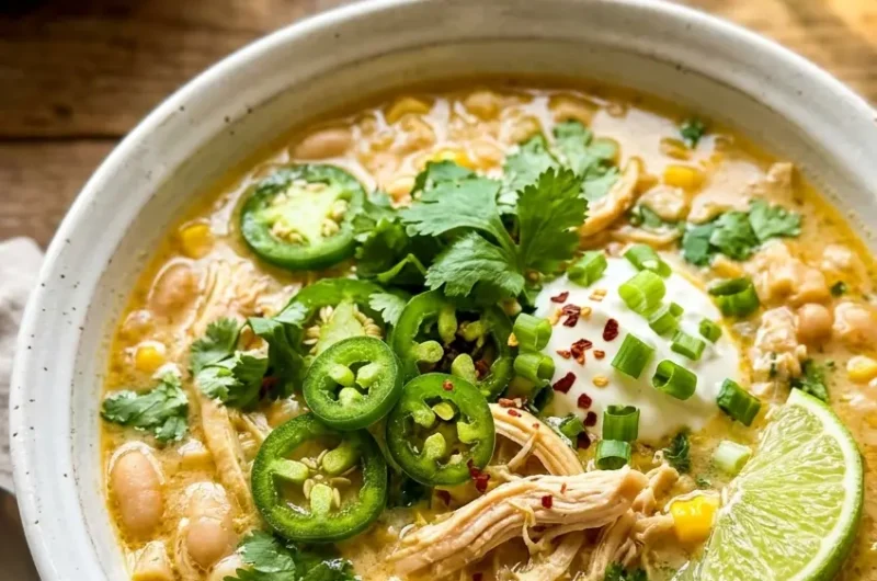 Pinterest pin image for high protein low carb white chicken chili with creamy broth and fresh toppings
