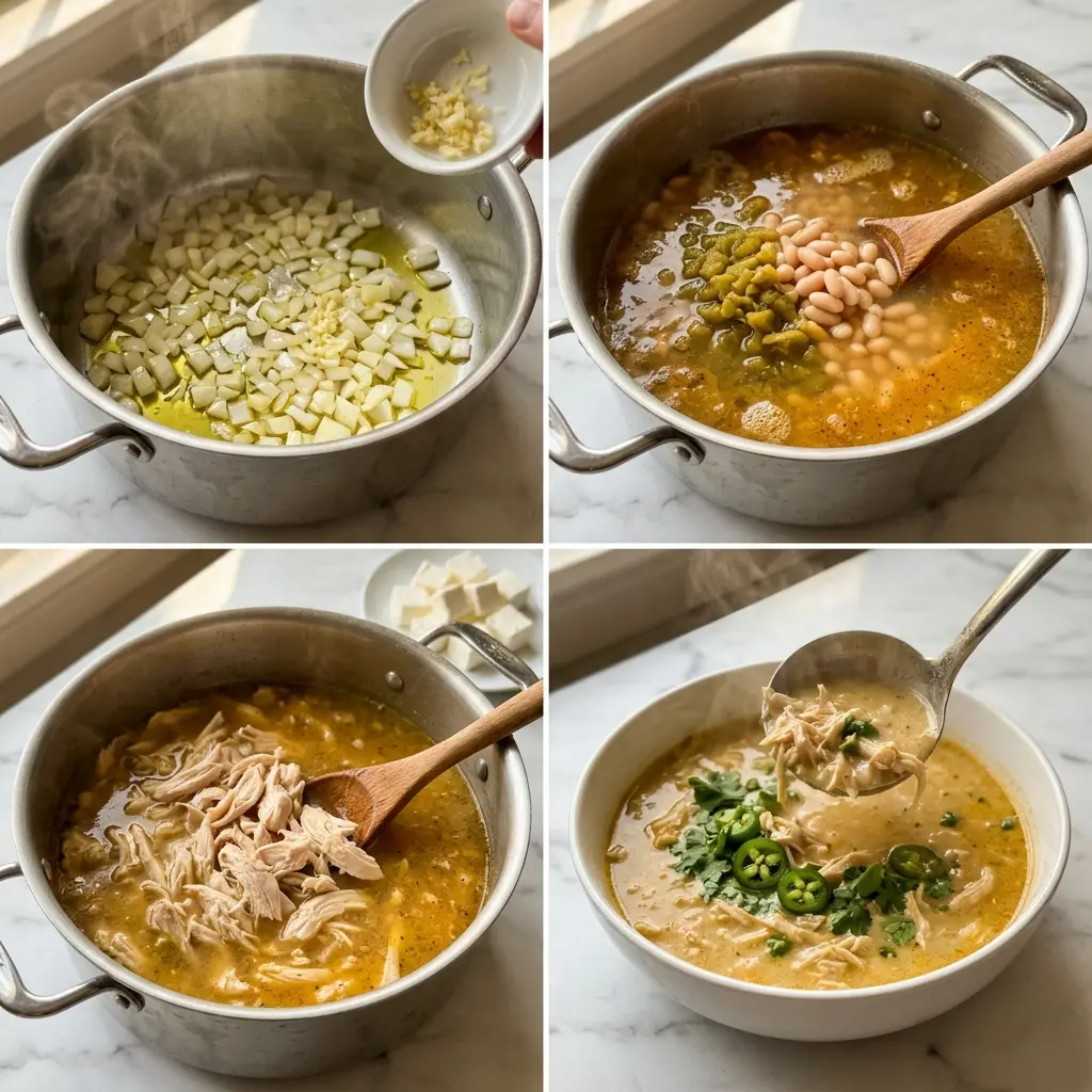 4-step cooking process collage for high protein low carb white chicken chili showing prep through plating