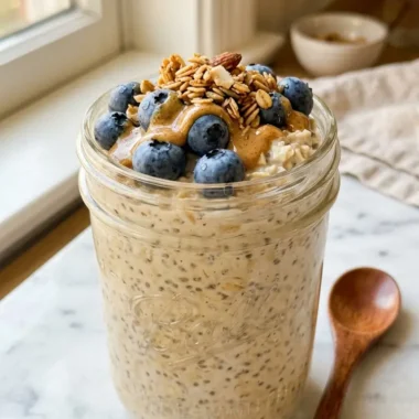 high-protein overnight oats in a mason jar topped with blueberries and almond butter