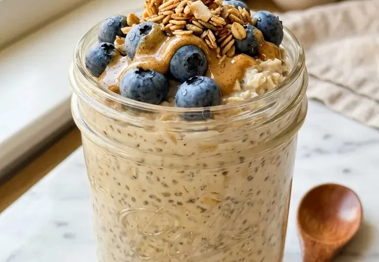 high-protein overnight oats in a mason jar topped with blueberries and almond butter