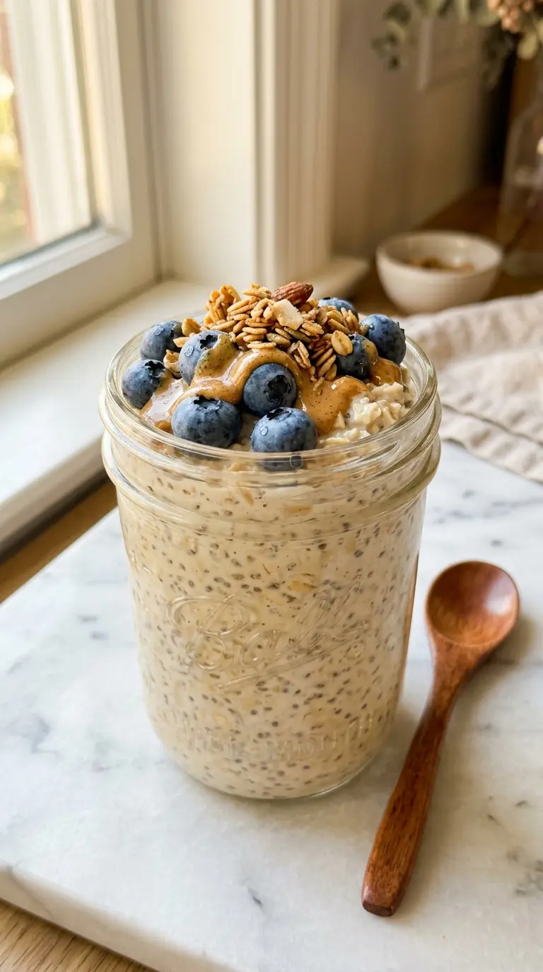 high-protein overnight oats in a mason jar topped with blueberries and almond butter