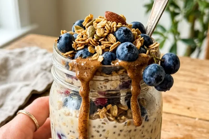 Pinterest pin for high-protein overnight oats recipe with 40g protein per jar
