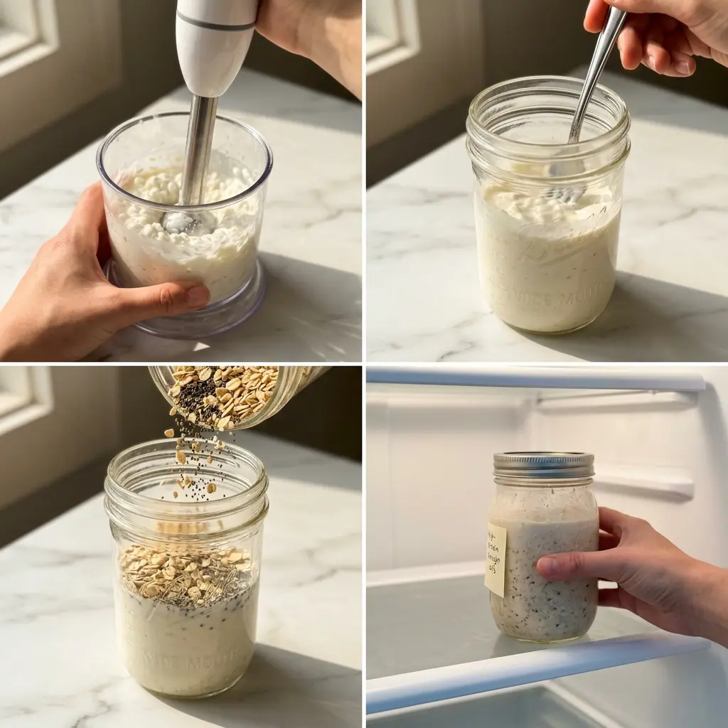4-step cooking process collage for high-protein overnight oats showing blending, mixing, adding oats, and refrigerating