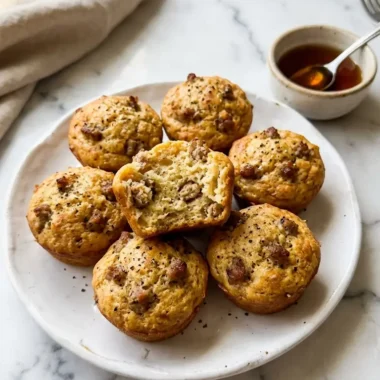 high-protein pancake sausage mini muffins golden brown on white ceramic plate with maple syrup