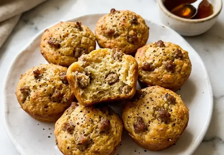 high-protein pancake sausage mini muffins golden brown on white ceramic plate with maple syrup
