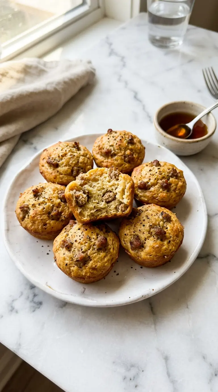 high-protein pancake sausage mini muffins golden brown on white ceramic plate with maple syrup