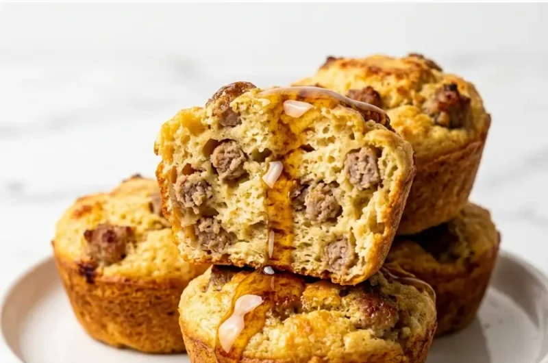 Pinterest pin image for high-protein pancake sausage mini muffins with maple syrup drizzle