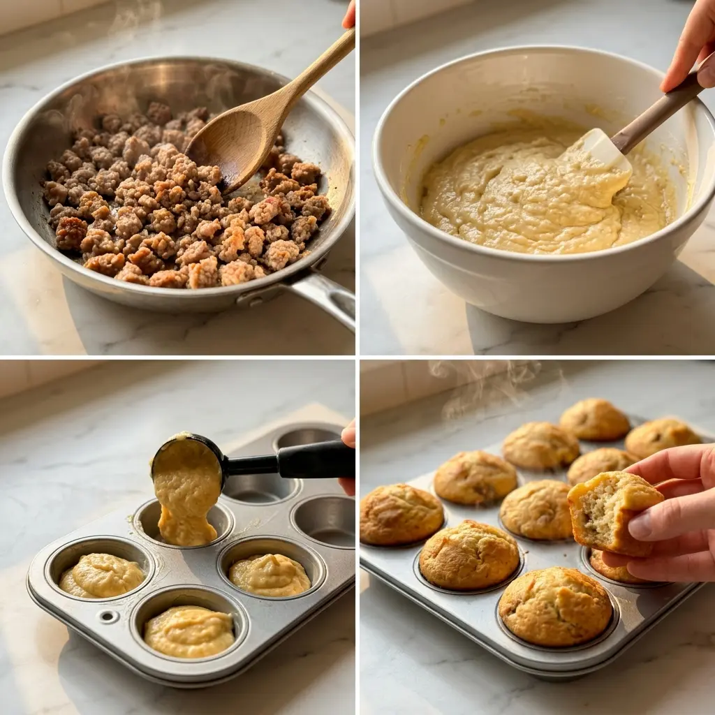 4-step cooking process collage for high-protein pancake sausage mini muffins showing browning sausage, mixing batter, filling tin, and finished muffins