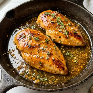 honey butter chicken in a cast iron skillet with sticky golden honey butter glaze and fresh thyme