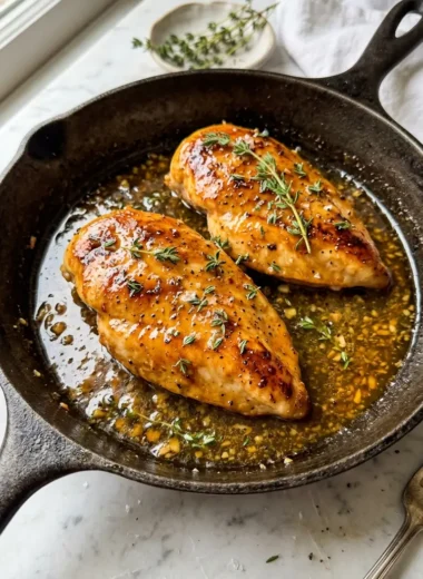honey butter chicken in a cast iron skillet with sticky golden honey butter glaze and fresh thyme