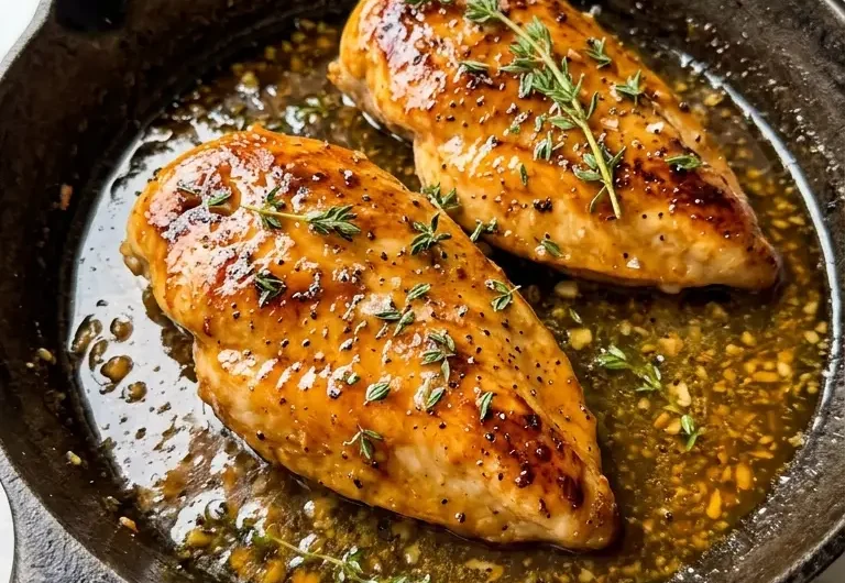 honey butter chicken in a cast iron skillet with sticky golden honey butter glaze and fresh thyme