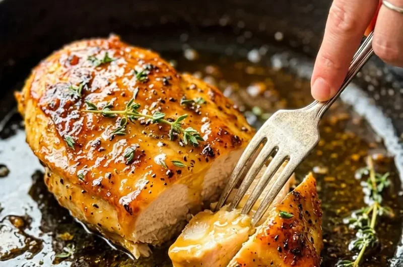 Pinterest pin image for honey butter chicken showing glazed golden chicken breast sliced open with honey sauce