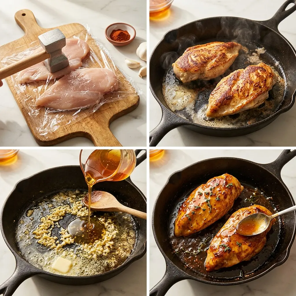 4-step cooking process collage for honey butter chicken showing pounding, searing, sauce making, and glazing