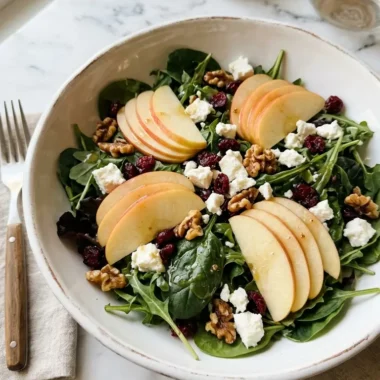 honeycrisp apple feta salad in a white ceramic bowl with toasted walnuts and cranberries