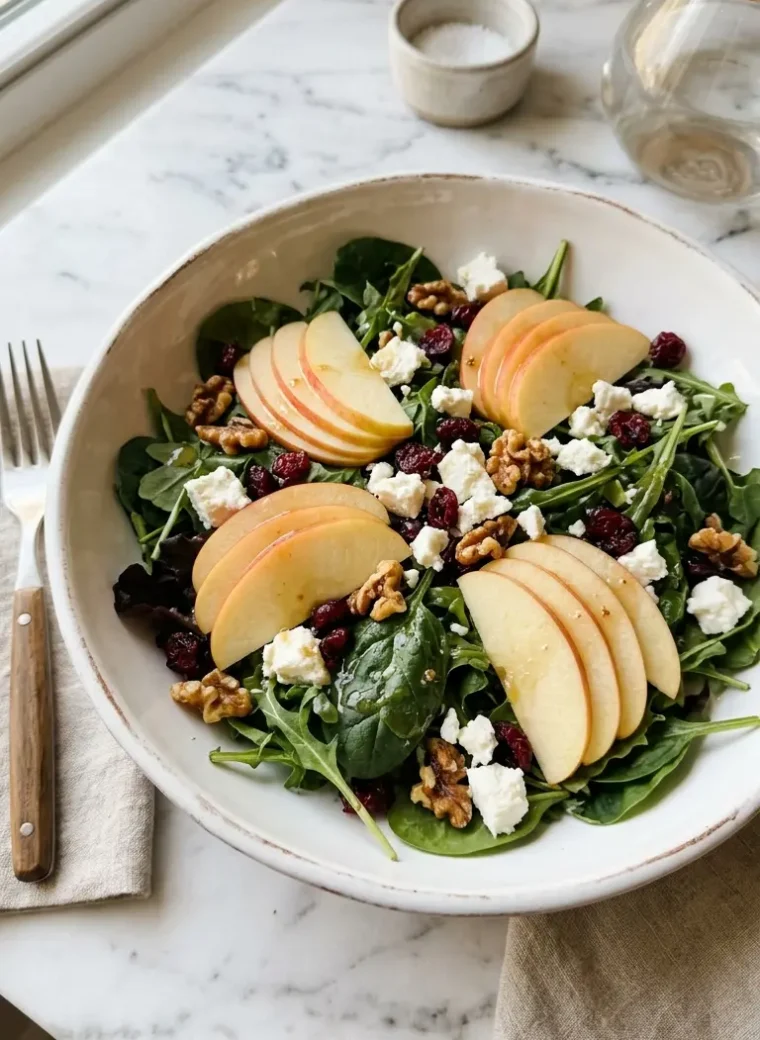 honeycrisp apple feta salad in a white ceramic bowl with toasted walnuts and cranberries