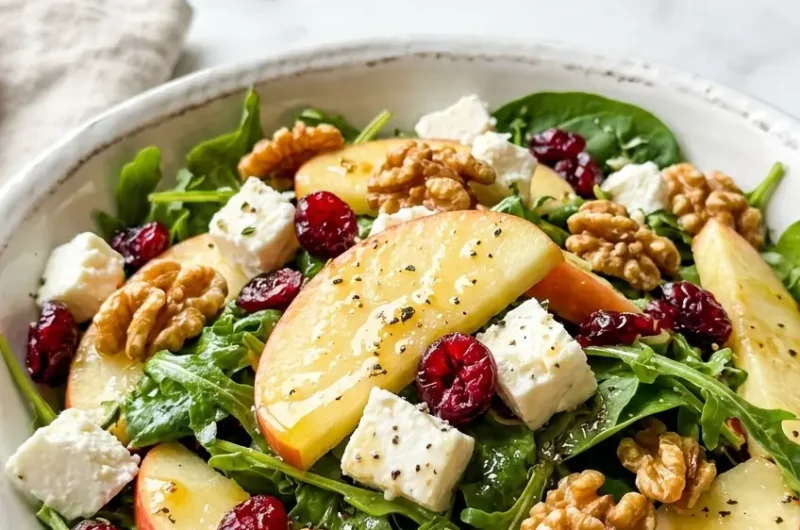 Pinterest pin image for honeycrisp apple feta salad with apples feta walnuts and cranberries