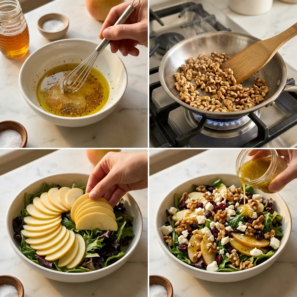 4-step cooking process collage for honeycrisp apple feta salad showing dressing, toasting, slicing, and plating