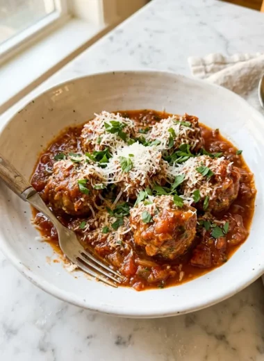 melt-in-your-mouth Italian meatballs in tomato sauce in a white ceramic bowl with parsley