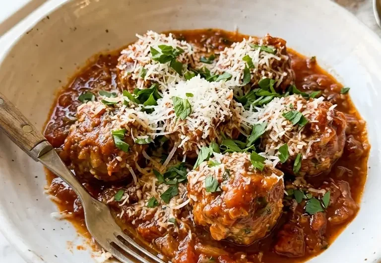 melt-in-your-mouth Italian meatballs in tomato sauce in a white ceramic bowl with parsley