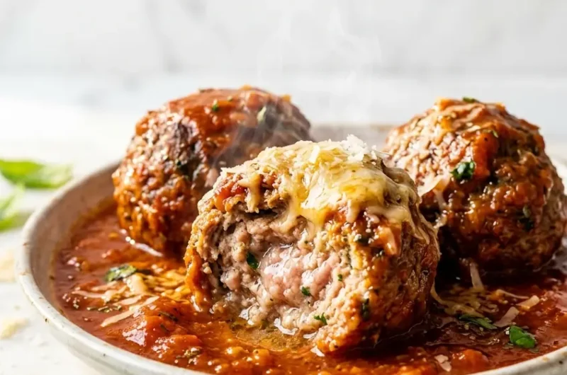Pinterest pin image for melt-in-your-mouth Italian meatballs in rich tomato sauce with Parmesan