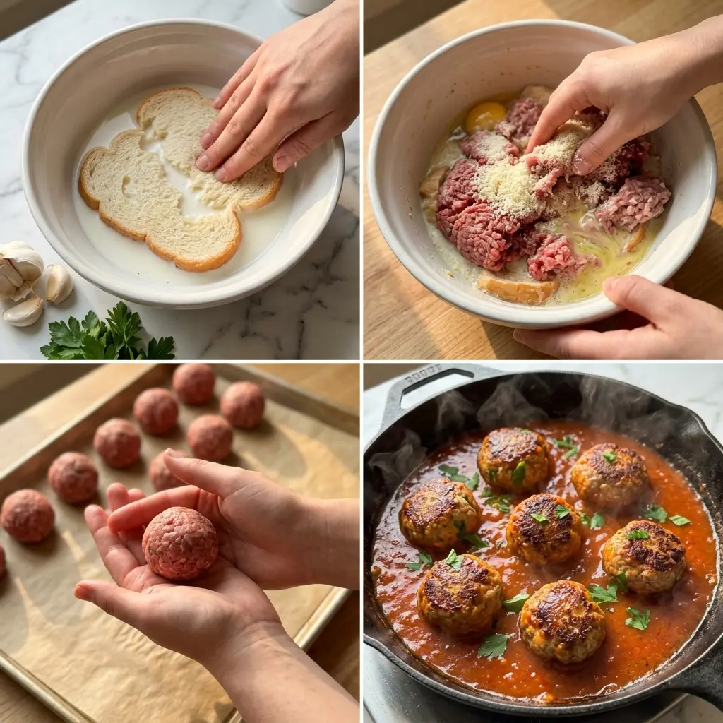 4-step cooking process collage for melt-in-your-mouth Italian meatballs showing panade, mixing, rolling, and simmering