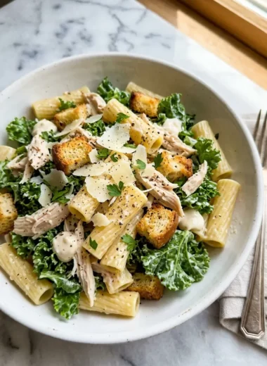 high-protein kale chicken caesar pasta salad in white bowl with croutons and Parmesan