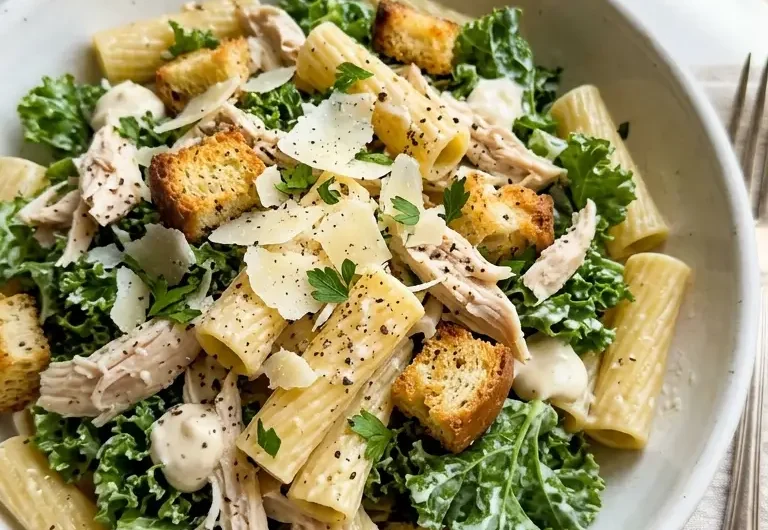 high-protein kale chicken caesar pasta salad in white bowl with croutons and Parmesan