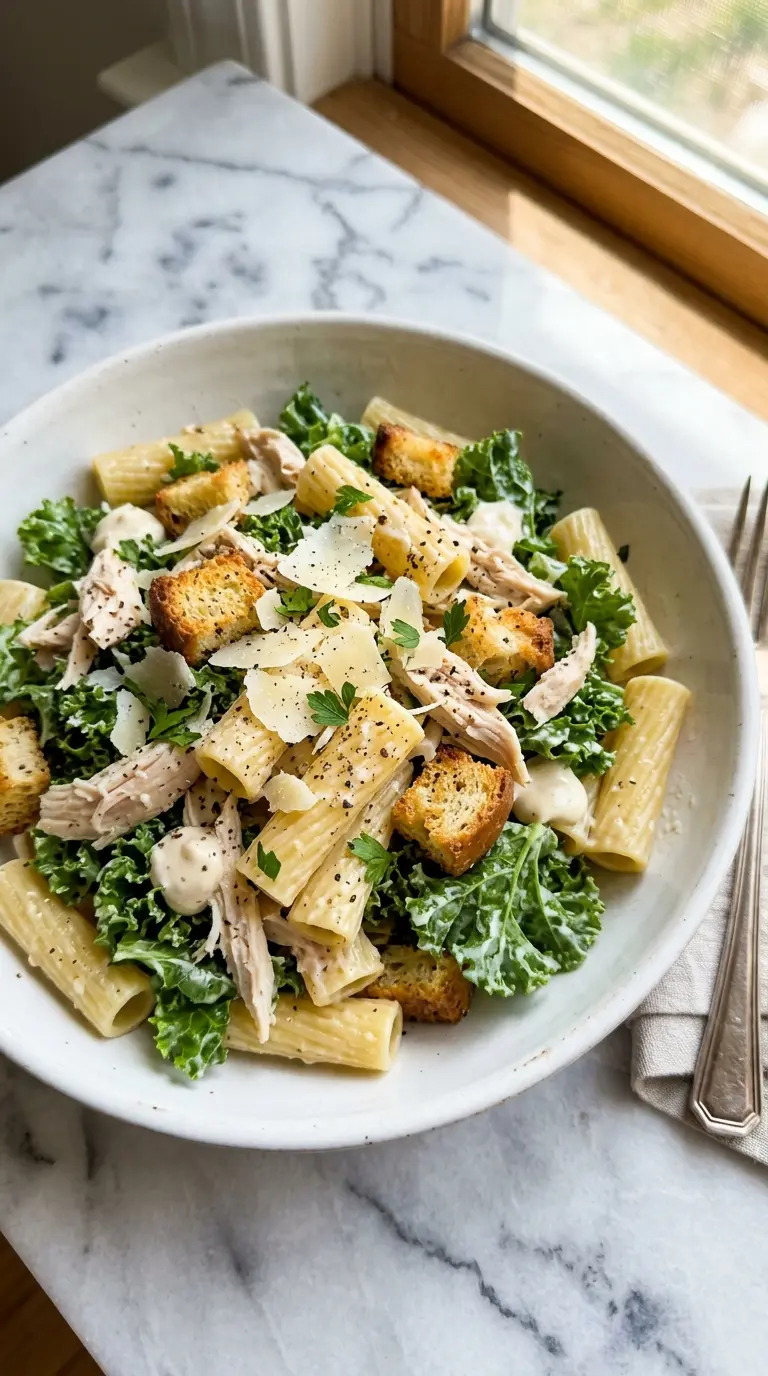 high-protein kale chicken caesar pasta salad in white bowl with croutons and Parmesan