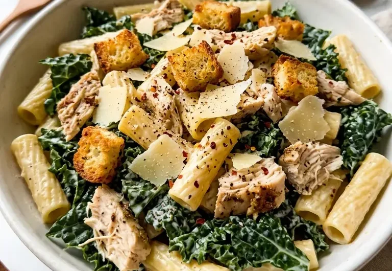 Pinterest pin image for high-protein kale chicken caesar pasta salad with croutons and Parmesan