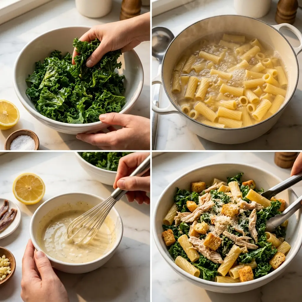 4-step cooking process collage for high-protein kale chicken caesar pasta salad showing prep through plating