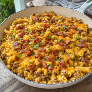 Loaded Bacon Cheeseburger Pasta served in white ceramic skillet with crispy bacon bits