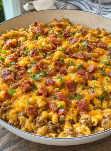 Loaded Bacon Cheeseburger Pasta served in white ceramic skillet with crispy bacon bits