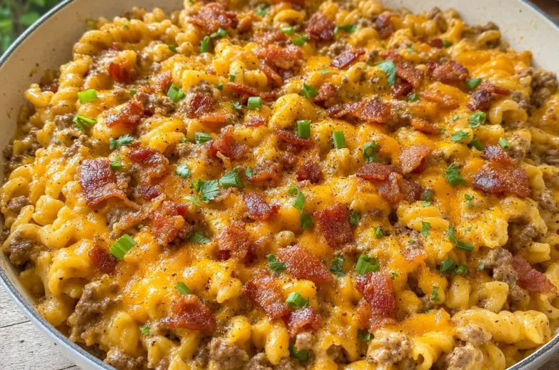 Loaded Bacon Cheeseburger Pasta served in white ceramic skillet with crispy bacon bits