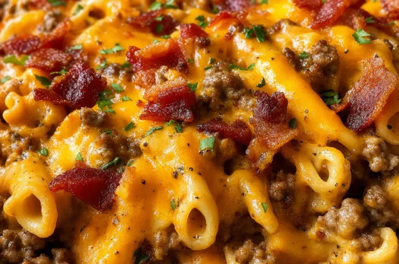 Pinterest pin image for Loaded Bacon Cheeseburger Pasta creamy pasta with bacon bits