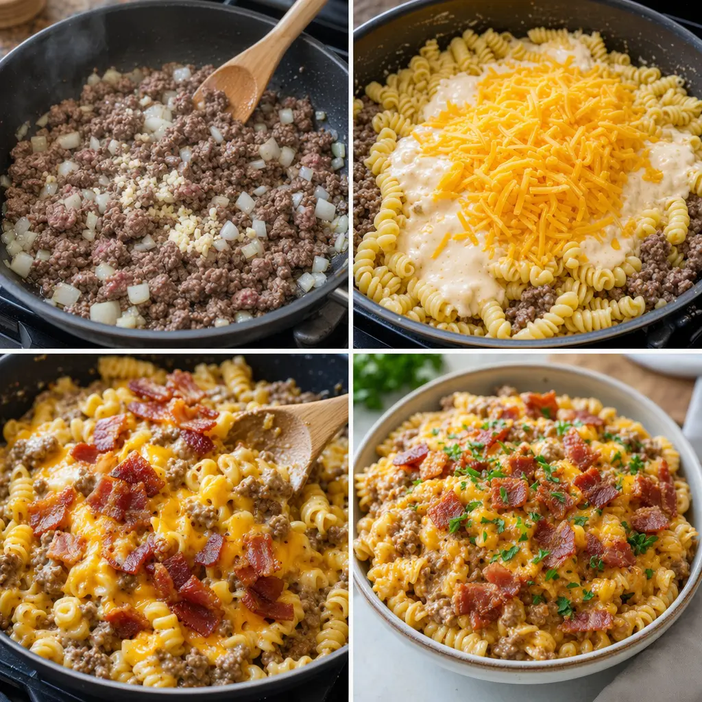 4-step cooking process collage for Loaded Bacon Cheeseburger Pasta showing bacon crisping, beef browning, pasta simmering, and cheese melting