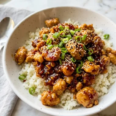 low carb firecracker ground chicken in a white bowl over cauliflower rice with sesame seeds
